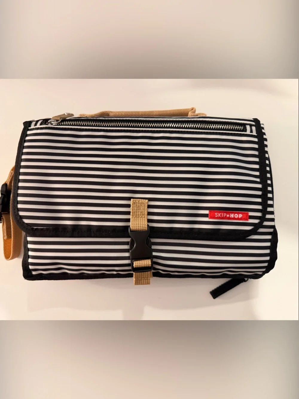 Skip Hop Black & White Striped Changing Pad with Tan Strap - NWOT